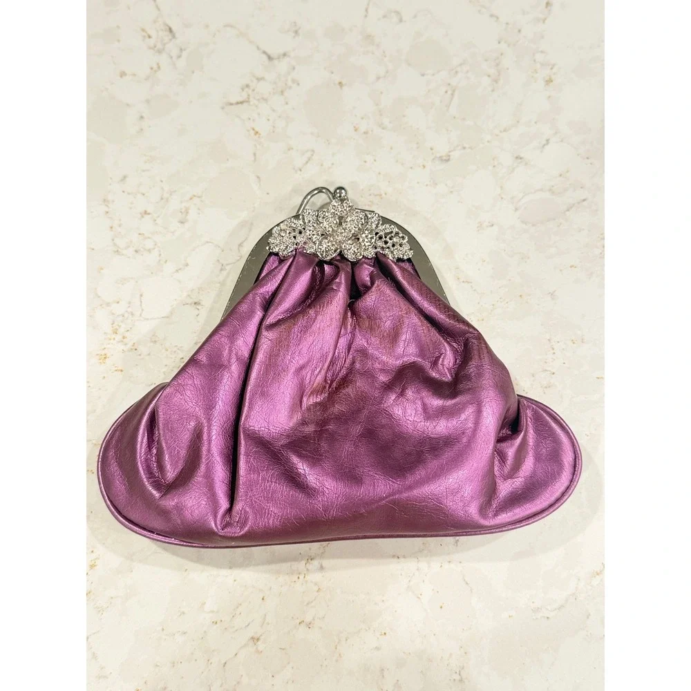 Metallic‎ Purple Rhinestone Floral Kiss Lock Evening Clutch Bag Handheld Purse